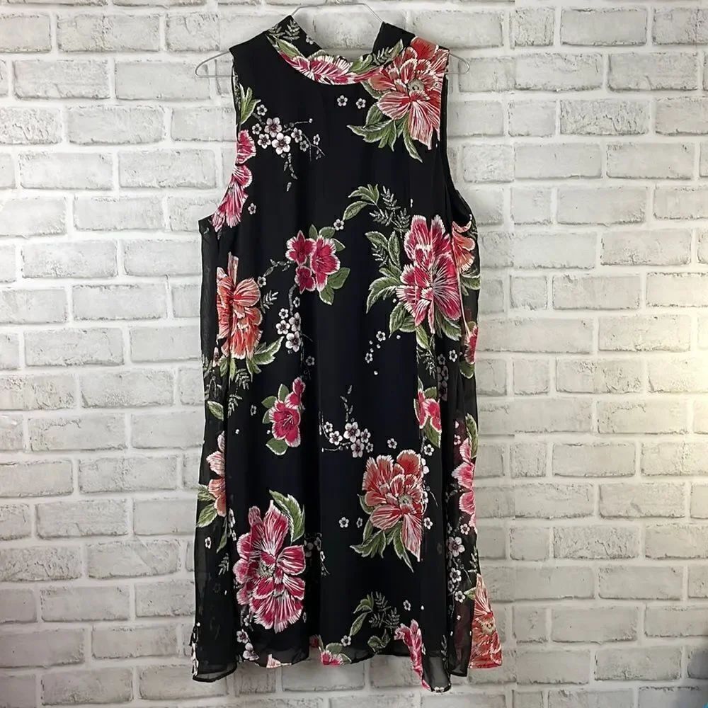 Robbie Bee Sleeveless Floral Dress Tie Back Mock Neck Overlay Size 14